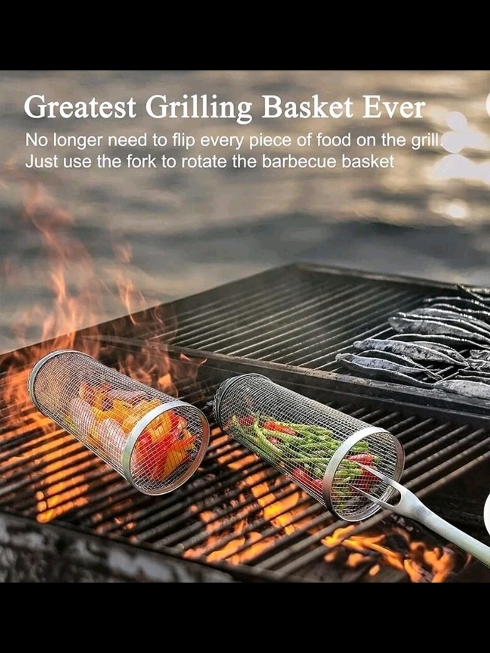 3x Nesting BBQ Baskets Stainless Steel Grill Mesh Rotating Rolling Cylinder Tube